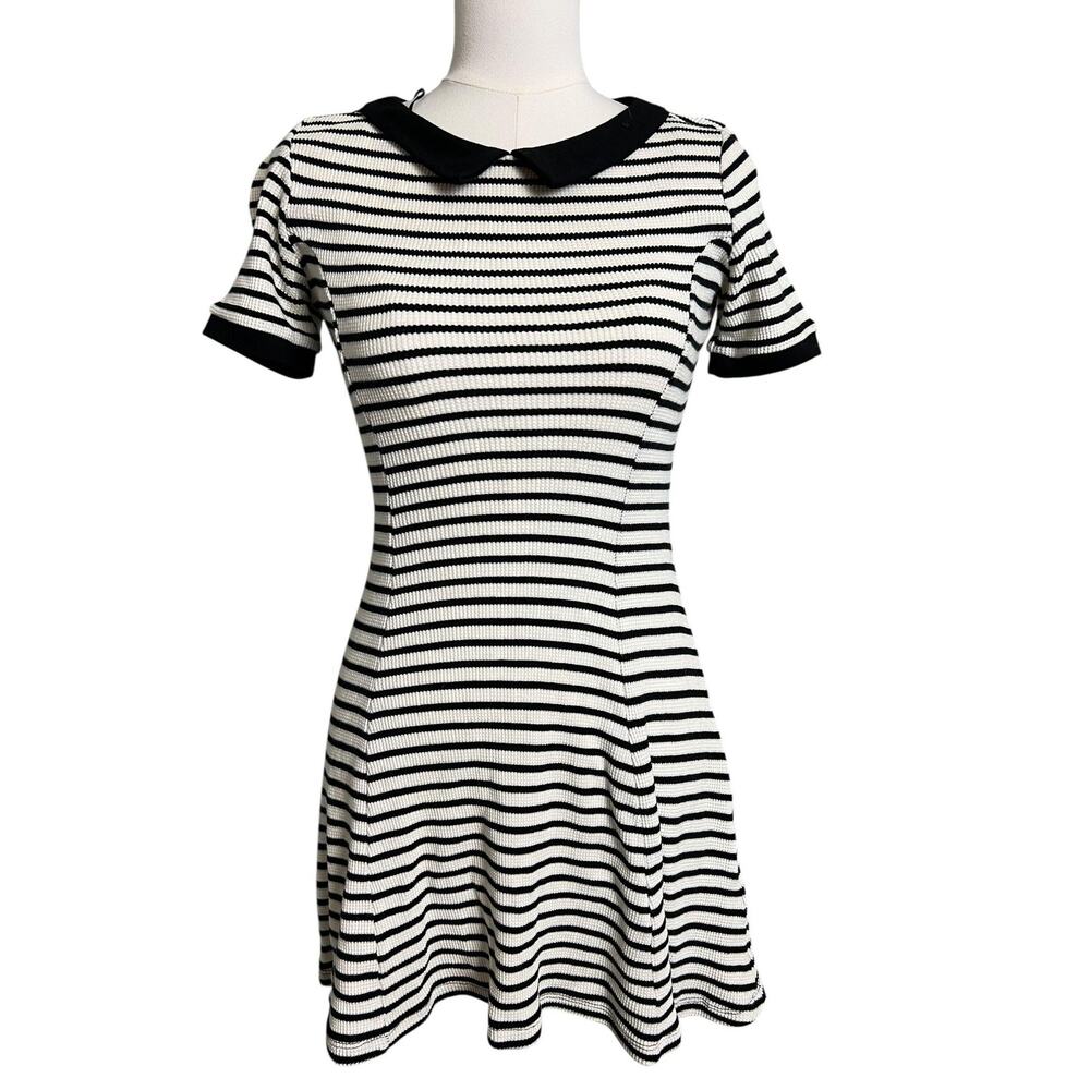 H&M Black and White Striped Mini Dress with Peter Pan Collar